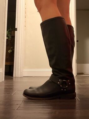 Frye tall black buckle boots